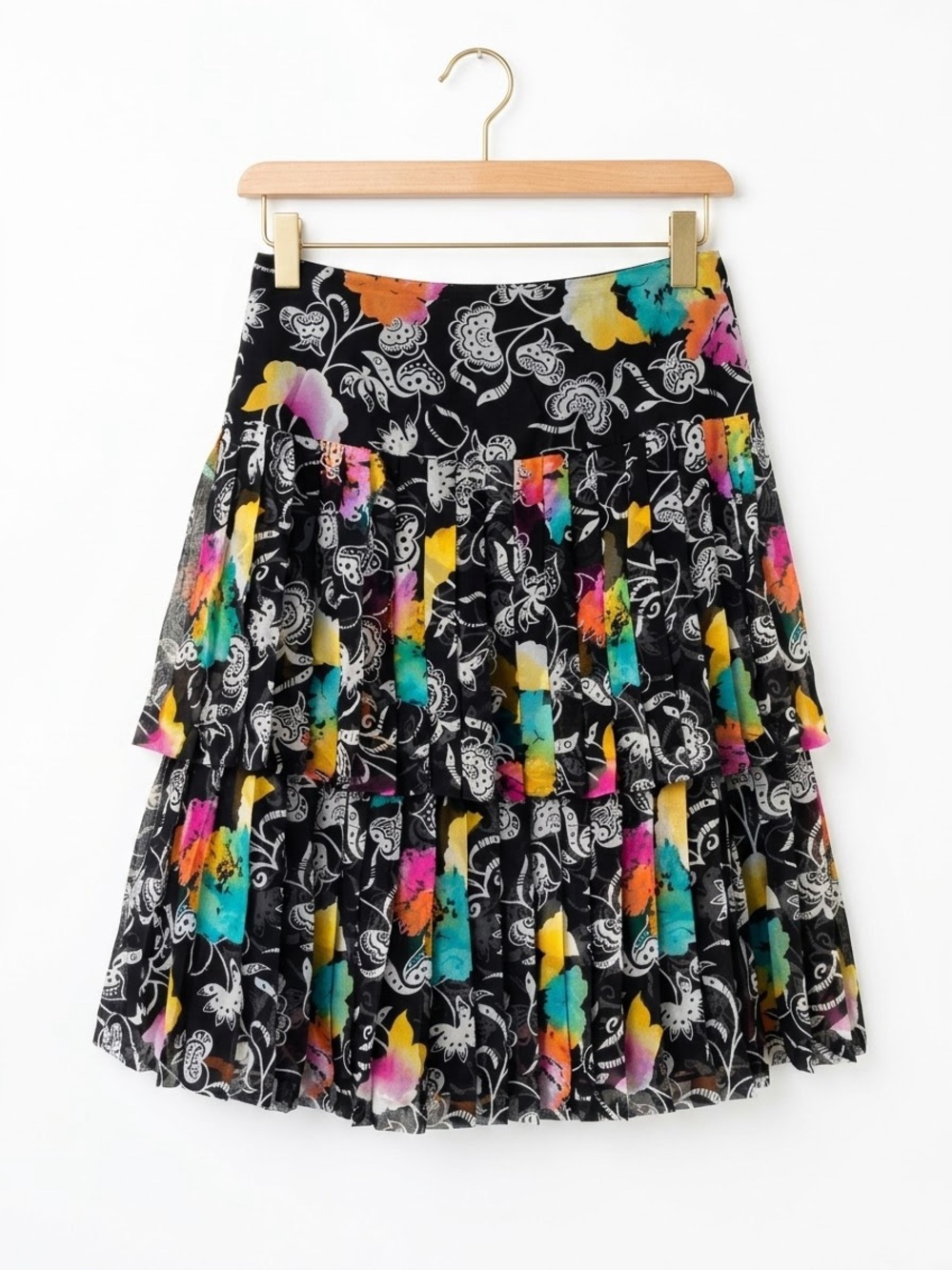 Vintage Rickie Freeman Teri Jon 100% Silk Ruffle Tiered Skirt Floral 10 Boho